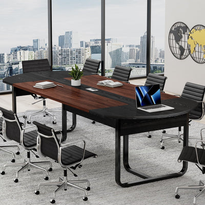 MaverickFurni 8FT Conference Table, Walnut and Black Conference Room Table Curved for Office with Rectangle Grommet, Modern Meeting Table for Office