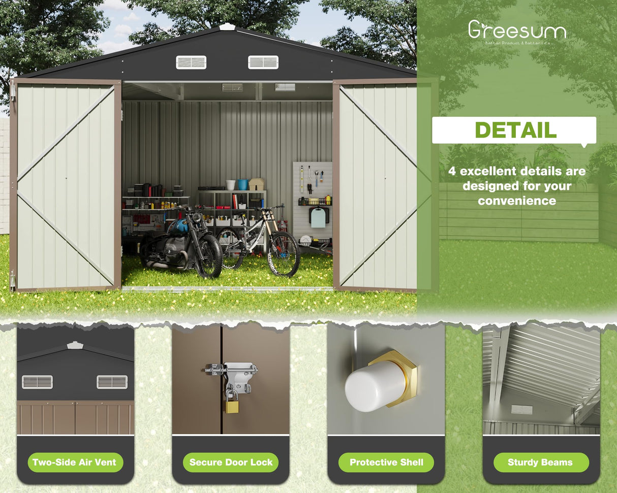 Greesum Metal Outdoor Storage Shed 10FT x 10FT, Steel Utility Tool Shed Storage House with Door & Lock, Metal Sheds Outdoor Storage for Backyard Garden Patio Lawn (10' x 10'), Brown Greesum
