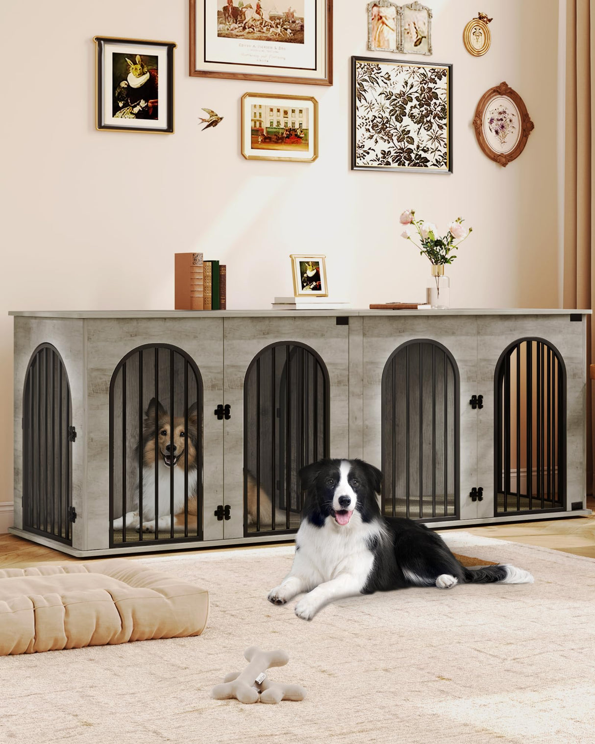 Hzuaneri 88.4" Dog Crate Furniture for 2 Dogs, Heavy Duty Indoor Dog Kennel TV Stand, XXL Wooden Dog Cage with Divider for Medium Large Dogs, End Table Dog Crate with Cushion, Greige Black DFC84005BV1 Hzuaneri