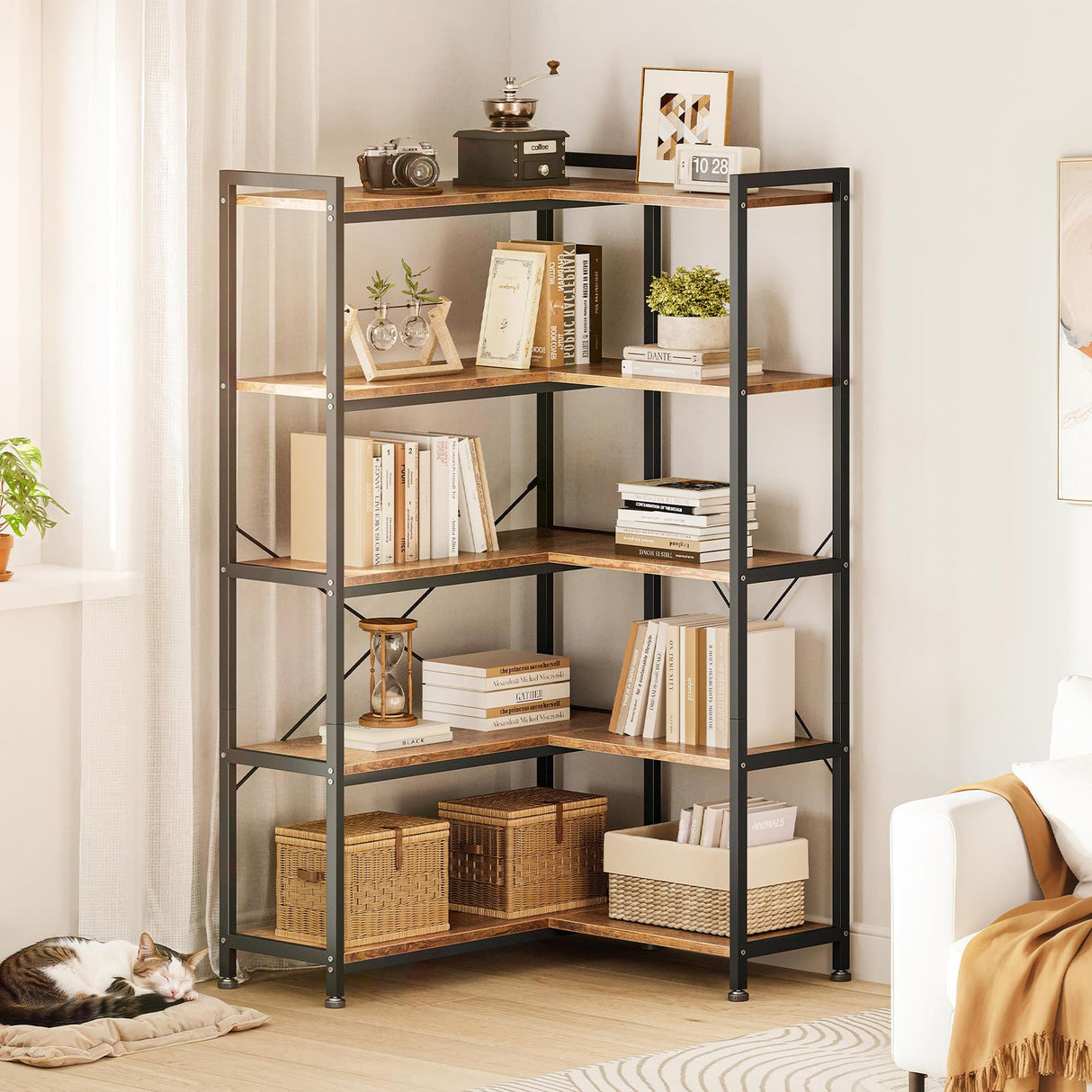 Casaottima Corner Bookshelf 5 Tier, 57 Inches Reversible Book Shelf for Living Room, Industrial Wooden Bookcase with Open Shelves and Metal Frame for Bedroom, Home Office, Kitchen, Rustic Brown Casaottima