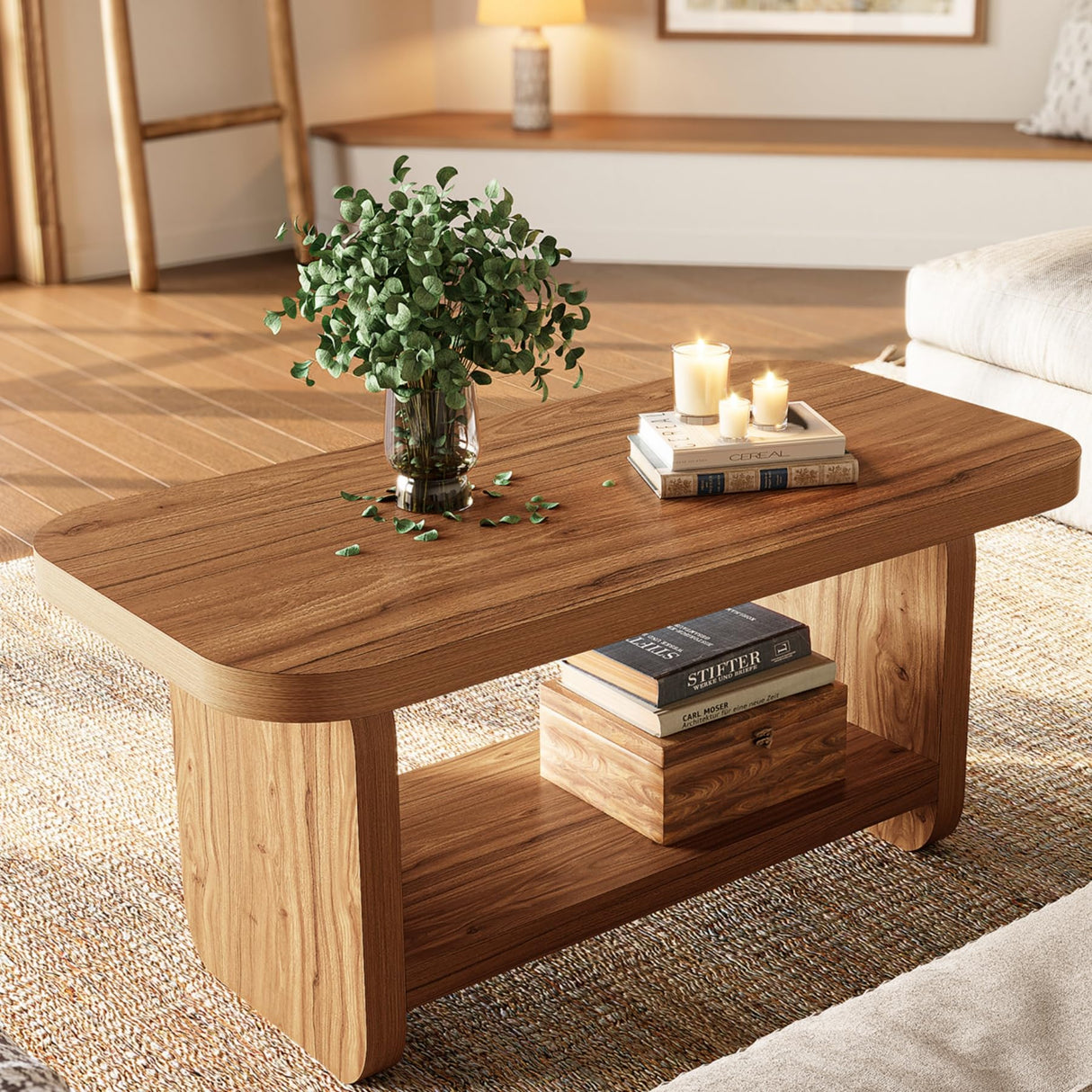 LITTLE TREE 47.2" Coffee Table, 2-Tier Coffee Table with Storage, Safe Rounded Corners, Square Modern Farmhouse Table for Living Room, Bedroom, Kids Room, 47.24" W x 23.62" D, Brown LITTLE TREE