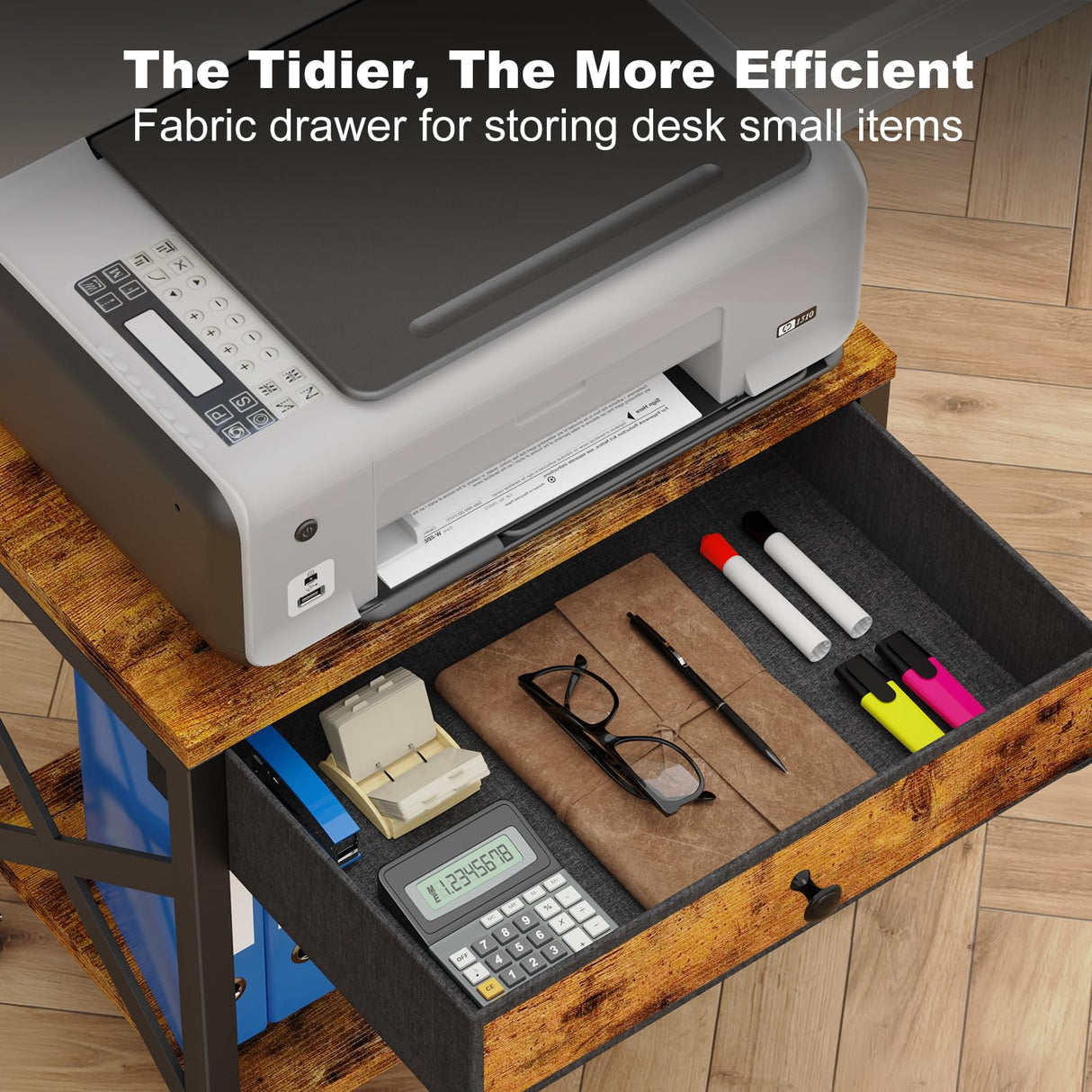 EasyCom 2-Tier Desktop Printer Stand with Large Drawer, Under Desk Printer Table with Wheels, Small Printer Shelf with Storage for Paper Storage Printer Scanner Fax Home Office Use Rustic Brown EasyCom