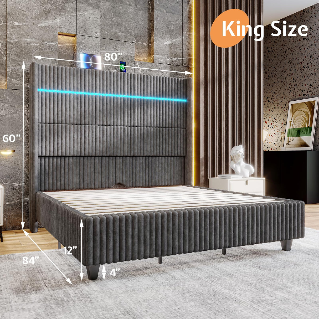 Jocisland 60" Tall King Bed Frame with LED Lights, Corduroy Upholstered Platform Bed Frame with Wingback Headboard and Charging Station/No Box Spring Needed/Grey Jocisland