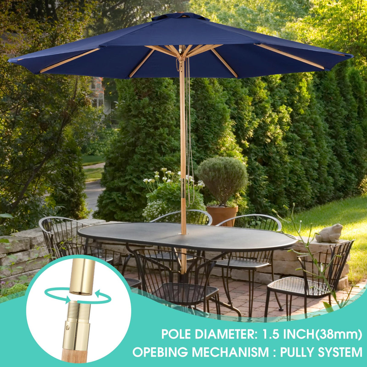 CASUNER 9FT Bamboo Table Umbrella Patio Outdoor Umbrella Market Round Umbrella with Pulley Lift Windproof & Waterproof, 8 Ribs with Polyester Cover for Garden, Deck, Pool, lawn, Backyard (NAVY) CASUNER