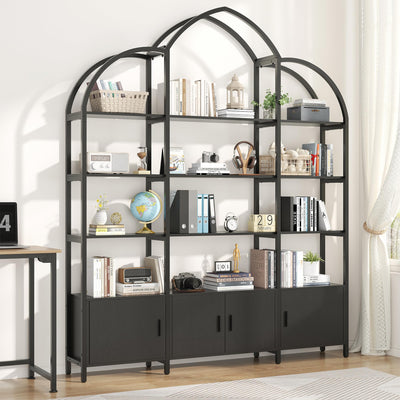 Semoic 85.8" Tall Arched Bookshelf with Door, 5-Tier Etagere Bookcase with Storage Cabinet Shelf, Triple Wide Industrial Bookshelf, Free Standing Display Shelf for Living Room Home Office, Black
