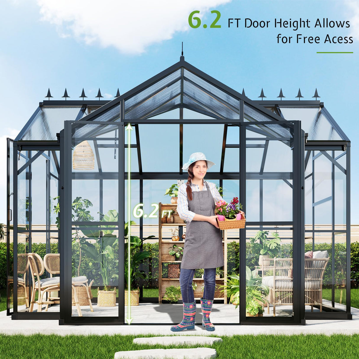 AMERLIFE 12x10x8 FT Hybrid Polycarbonate Walk-in Greenhouse for Outdoors, Aluminum Frame with Quick-Connect Assembly, Double Doors, Ventilation for Backyard Garden, Black AMERLIFE
