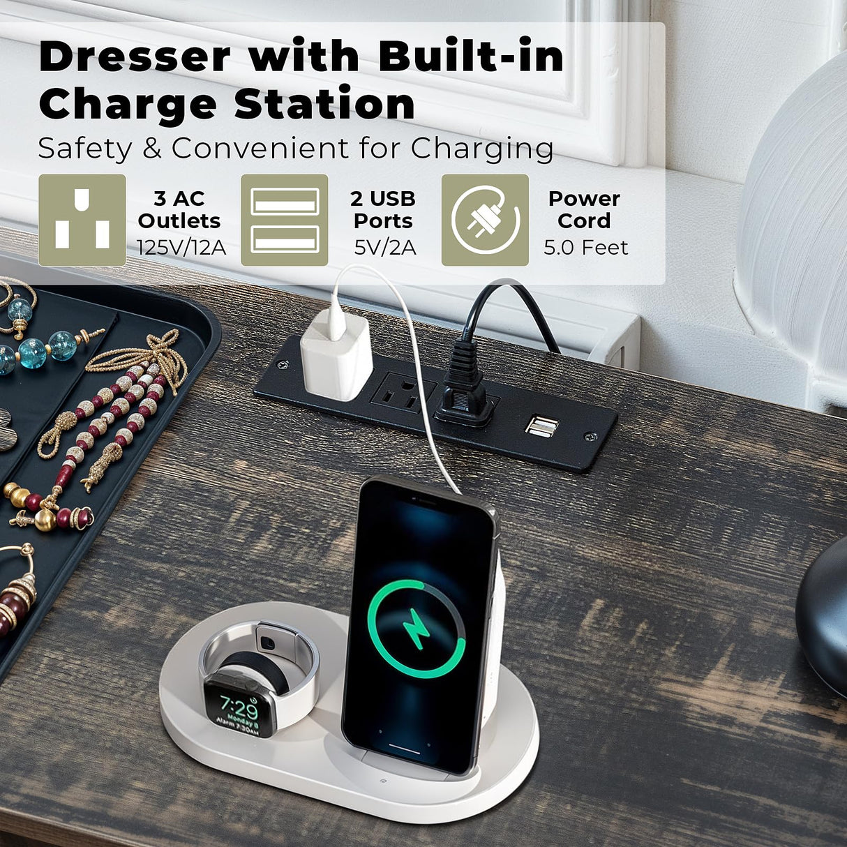 JanflyHome Wood Rustic Chest of Drawers, 63" Wide Vintage 7 Dresser with Outlet and Lights, Farmhouse Drawers Dresser with 4 Drawers & 3 Cabinets for Living Room, Dark Rustic Oak JanflyHome