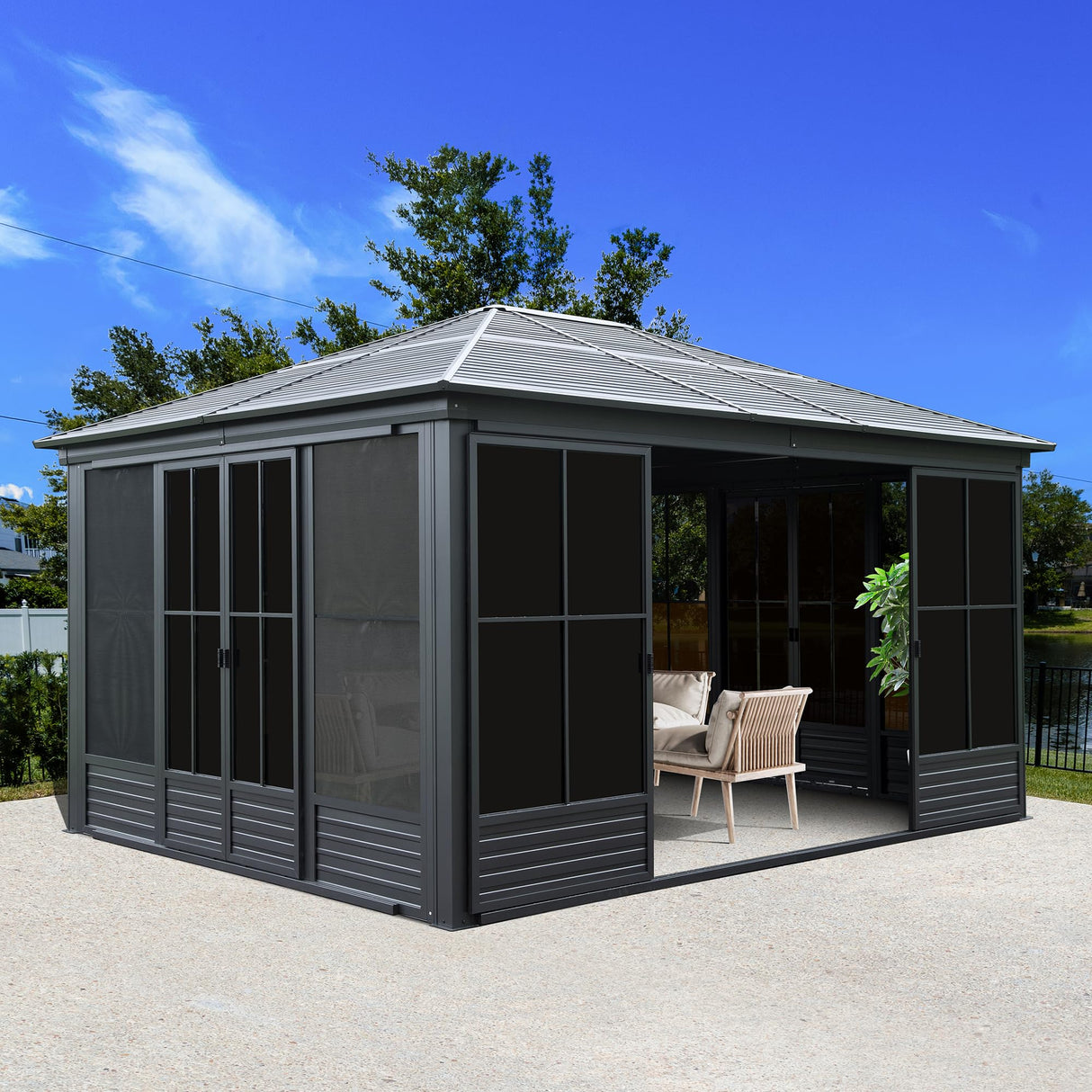 Domi 12x15FT Outdoor Sunroom, All-Season Solarium Gazebo with Galvanized Steel Roof, 4 Sliding Doors, Detachable PVC Screen, Aluminum Permanent Sun Room for Patio Deck Garden domi outdoor living