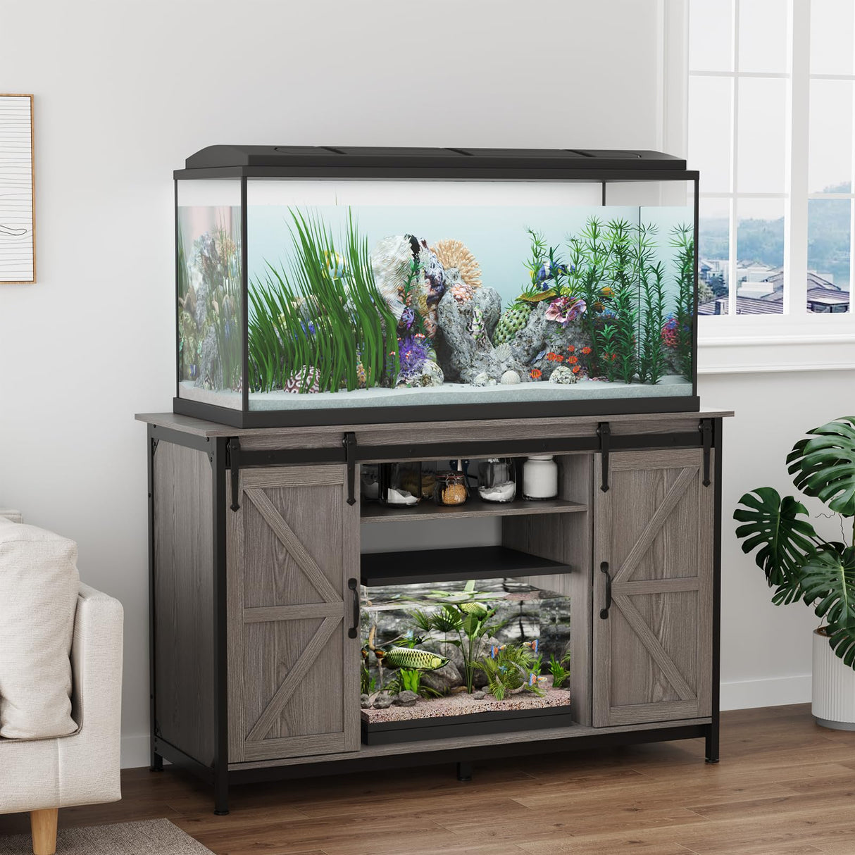 VOWNER Farmhouse 55-75 Gallon Fish Tank Stand with Power Outlet, Aquarium Stand with Storage Cabinet and Sliding Barn Door, Heavy Duty Reptile Tank Stand, for 2 Tanks, 1000LBS Capacity, Grey VOWNER