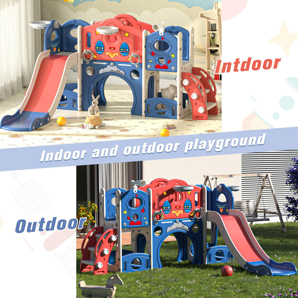 Nyeekoy 9-in-1 Castle Amusement Playground Playhouse, Indoor Outdoor Playset for Toddlers Age 1-3, Backyard Climber Play Set Slide for Kids Baby (Blue) Nyeekoy