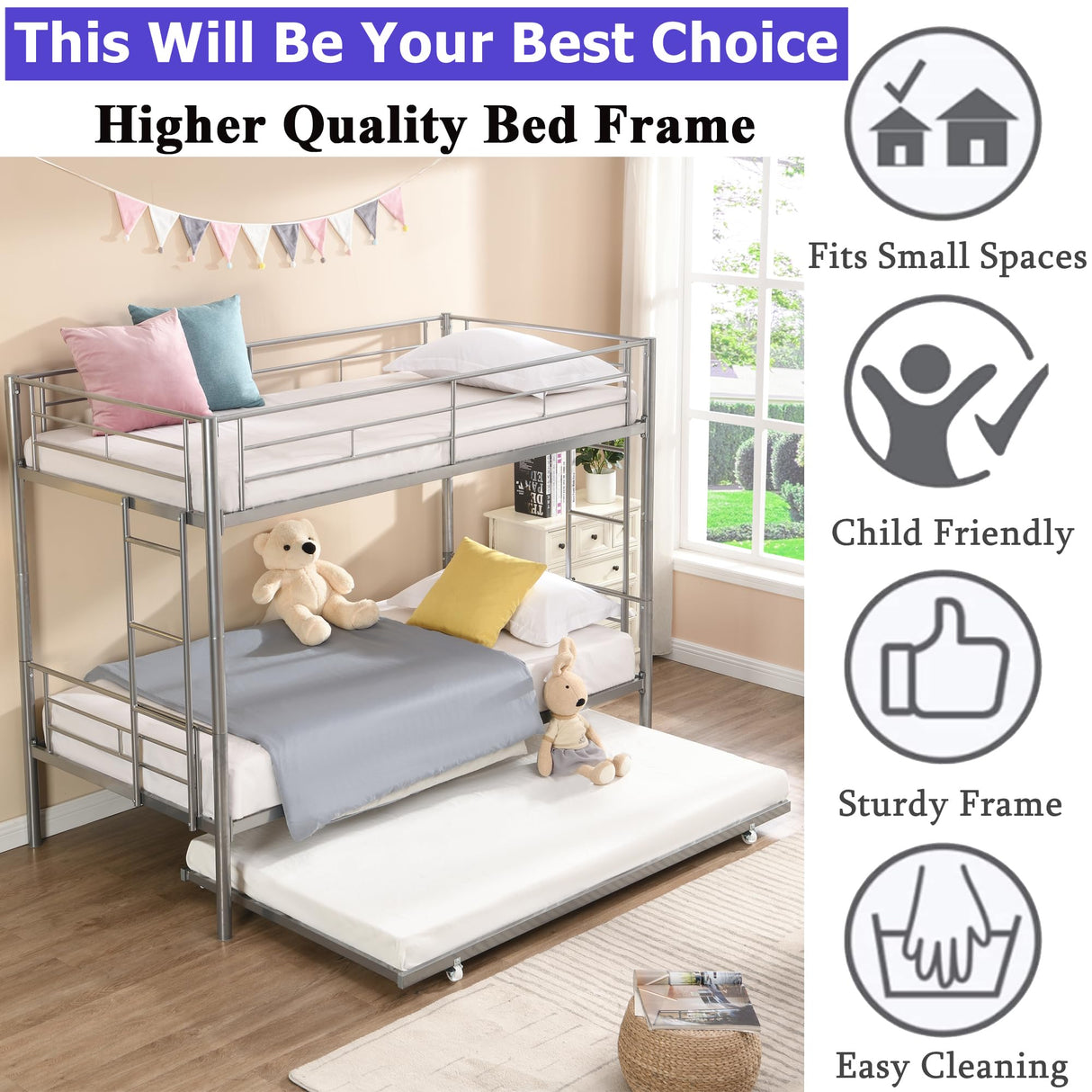 Heavy Duty Metal Bunk Bed Twin Over Twin for Kids Adults, Modern Twin Over Twin Bunk Bed with Trundle, Latest Version Twin Size Bunk Beds Frame, Convertible Bunkbed with Safety Guard Rails (Silver) FUSVZ
