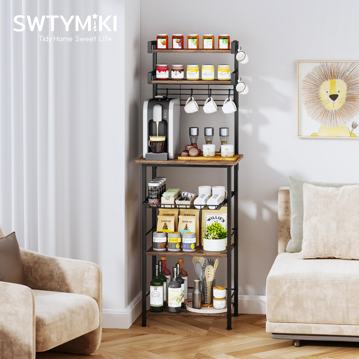 SWTYMIKI 6-Tier Coffee Bar Station - Bakers Rack with Drawer & 6 S-Shaped Hooks, Corner Coffee Stand Station, Coffee Bar Cabinet for Kitchen Entryway Living Room,11.81" Dx18.9 Wx56.7 H, Rustic Brown SWTYMIKI