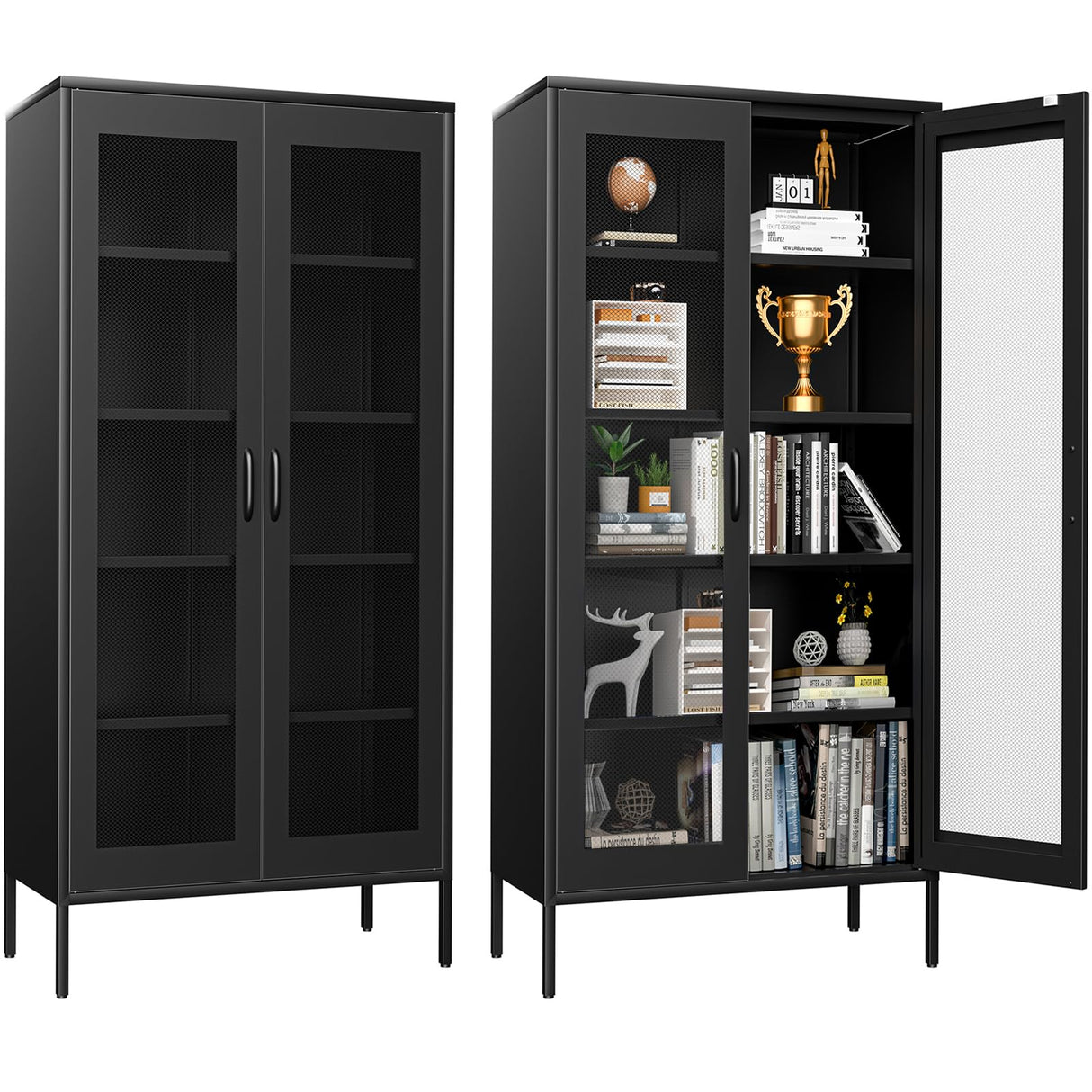 YAUWOH Metal Display Cabinet with Mesh Door,Metal Storage Cabinet with 4 Adjustable Shelves,73" H Kitchen Pantry Storage Cabinet for Collectibles,Home Office,Living Room,Gaming Room(Black) YAUWOH