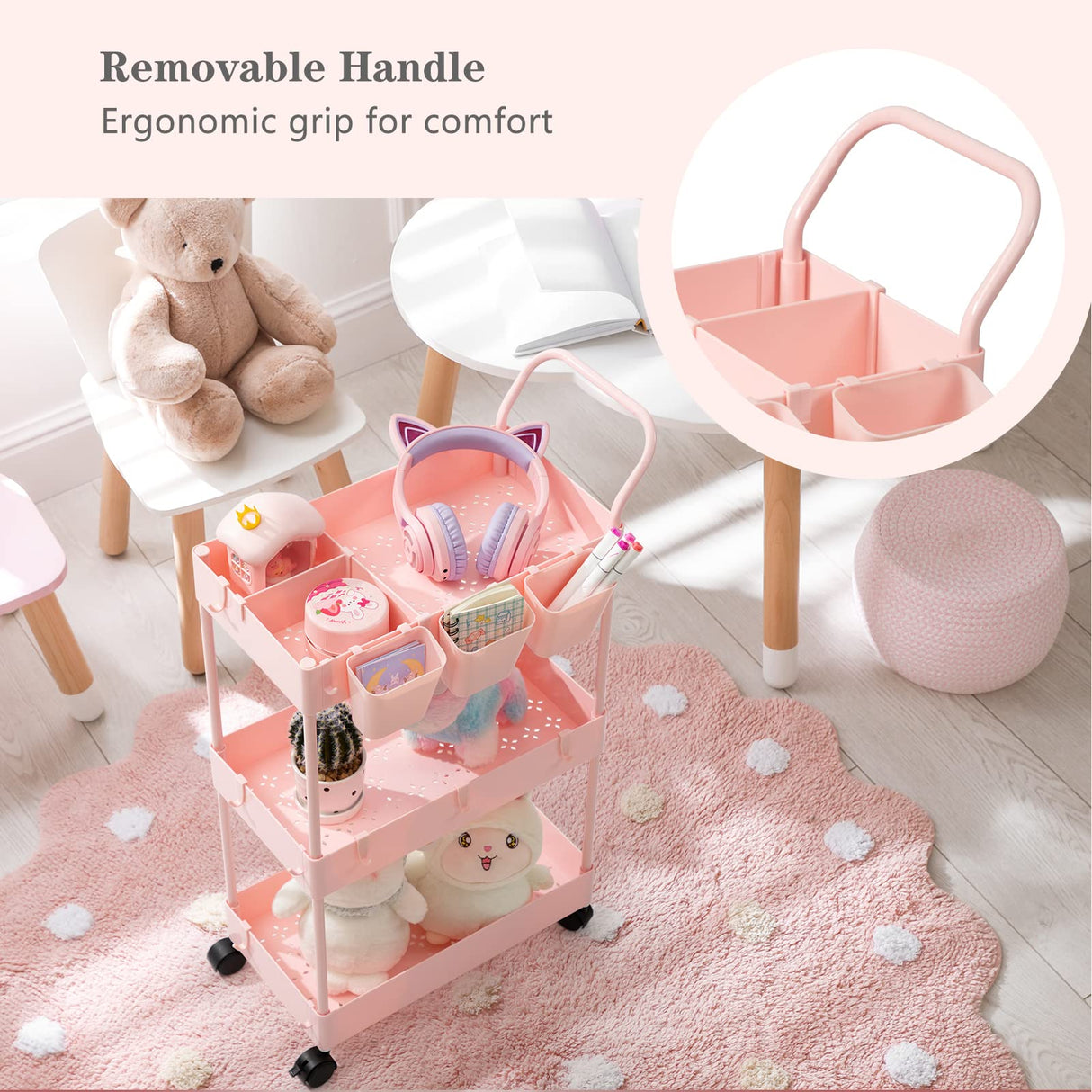 danpinera Slim Storage Cart, 3 Tier Narrow Rolling Cart on Wheels Bathroom Organizer Cart with Dividers Handle Hanging Cups Hooks for Laundry Room Kitchen Small Spaces, Pink danpinera