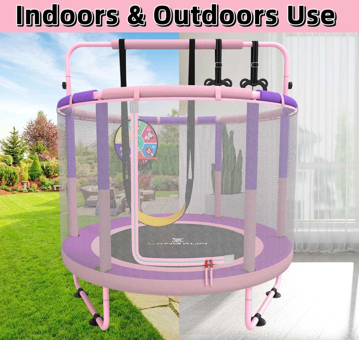 LANGXUN 60" Trampoline for Kids, 5ft Toddler Mini 6-in-1 Trampoline Indoor Outdoor with Swing, Basketball Hoop, Dart Board, Gymnastics Bar, Rings, Christmas Toys Birthday Gifts for Girls Boys Age 1-8 LANGXUN