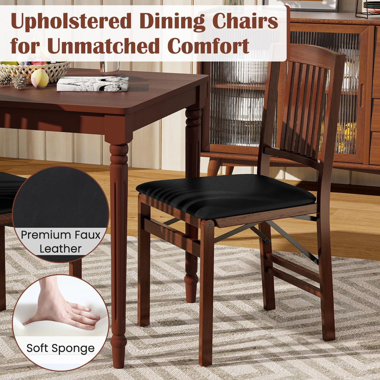Giantex Folding Dining Chairs Set of 2, Solid Wood Frame, Foldable Wood Kitchen Chairs with Padded Seat, Max Load 400 Lbs, No Assembly, Armless Side Chairs for Apartment Dining Room, Brown & Black Giantex