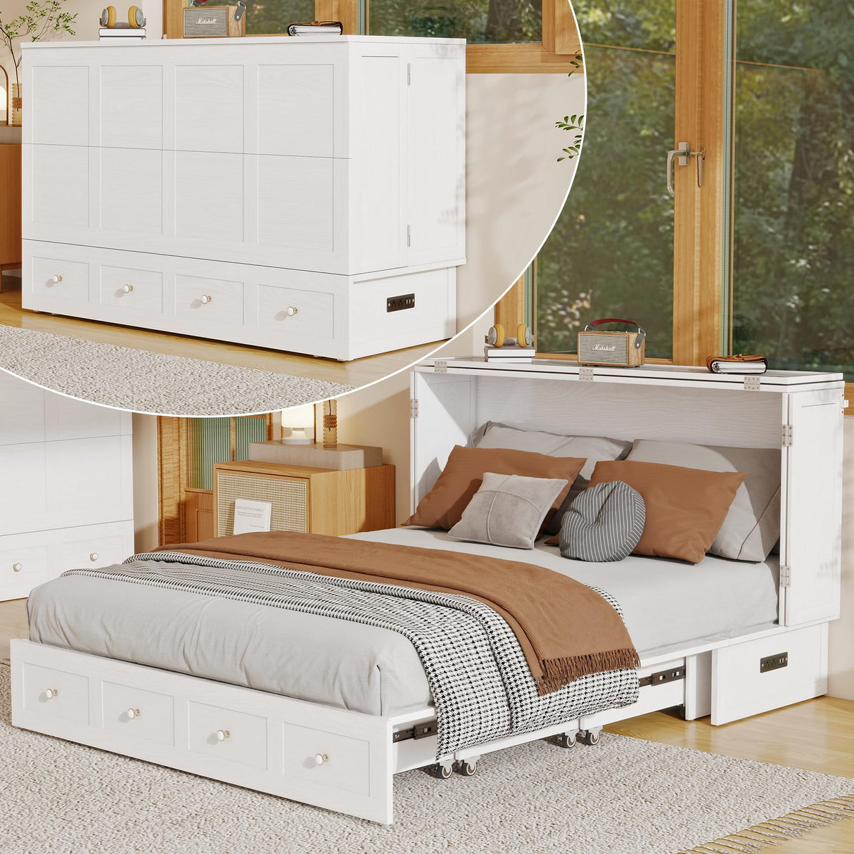 Keloyid Solid Wood Murphy Bed Cabinet:Queen Size Murphy Bed with USB Charging Station and Large Storage Drawer for Home,Optimize Sleeping Space(Mattress Not Included) Ivory White-11 Keloyid