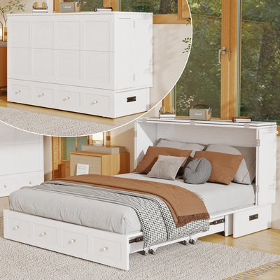 Keloyid Solid Wood Murphy Bed Cabinet:Queen Size Murphy Bed with USB Charging Station and Large Storage Drawer for Home,Optimize Sleeping Space(Mattress Not Included) Ivory White-11