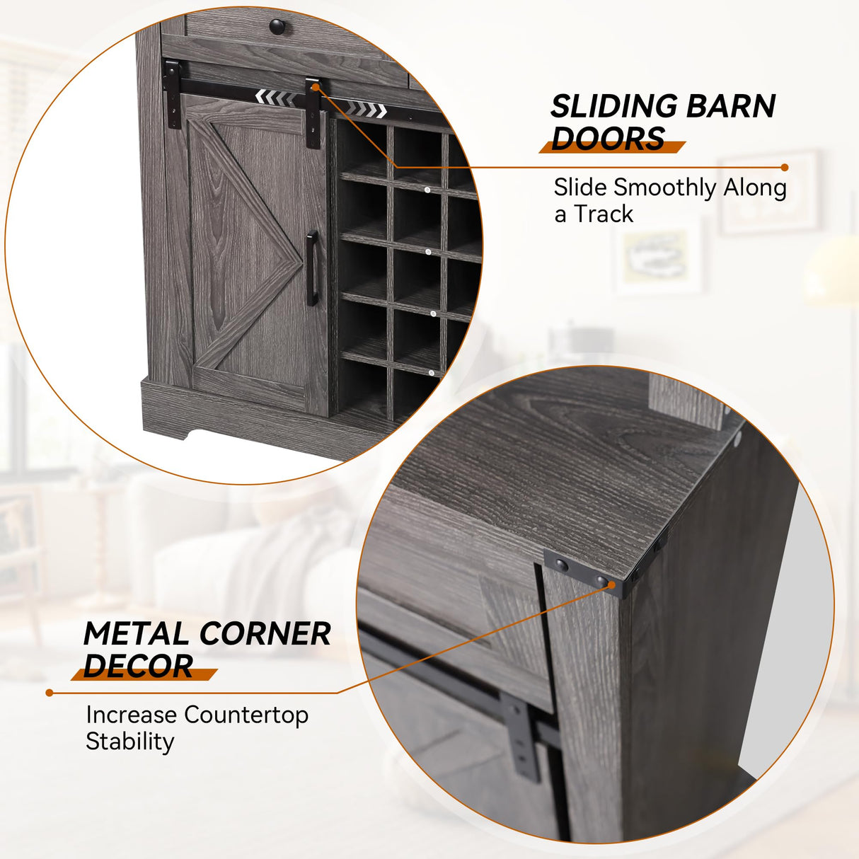 ARTPOWER Wine Bar Cabinet with Sliding Barn Door, 72" Hutch Cabinet with Wine&Glasses Rack, Tall Farmhouse Kitchen Pantry Buffet with Drawers for Dining Room, Gray ARTPOWER