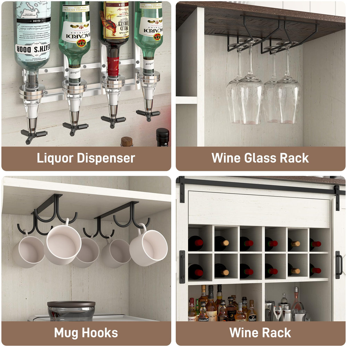 Farmhouse Coffee Bar Cabinet with LED Light, Charging Station & Sliding Barn Doors - 63"W x 71"H Large Wine Rack, Built-in Liquor Dispenser, Glass/Mug Holders for Kitchen, Living Room, Hallway chartustriable