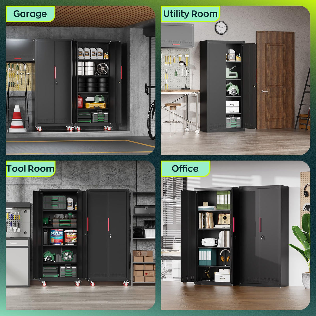 Kelueo 71" H Metal Garage Storage Cabinet with Wheels, 4 Adjustable Shelves & Locking Doors – Steel Tool Cabinet for Home,Basement,Utility Room – Garage Cabinets and Storage System, Black Kelueo