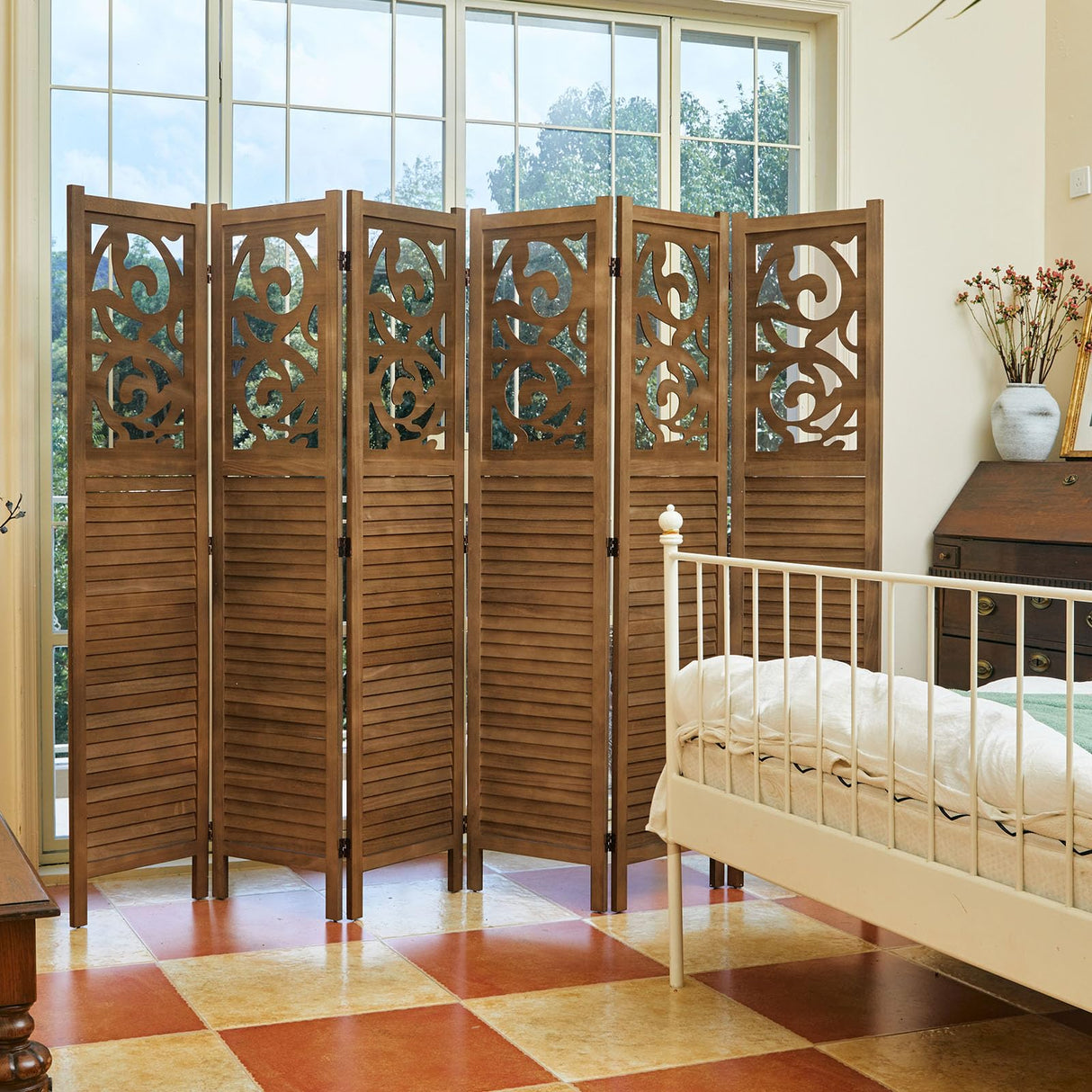 Svimi Folding Room Divider, 5.6Ft 6 Panels Wood Carved Privacy Screens, Free Assembled Freestanding Portable Reversible Functional Decorative Partition for Home Office Restaurant Bedroom (Brown) Svimi