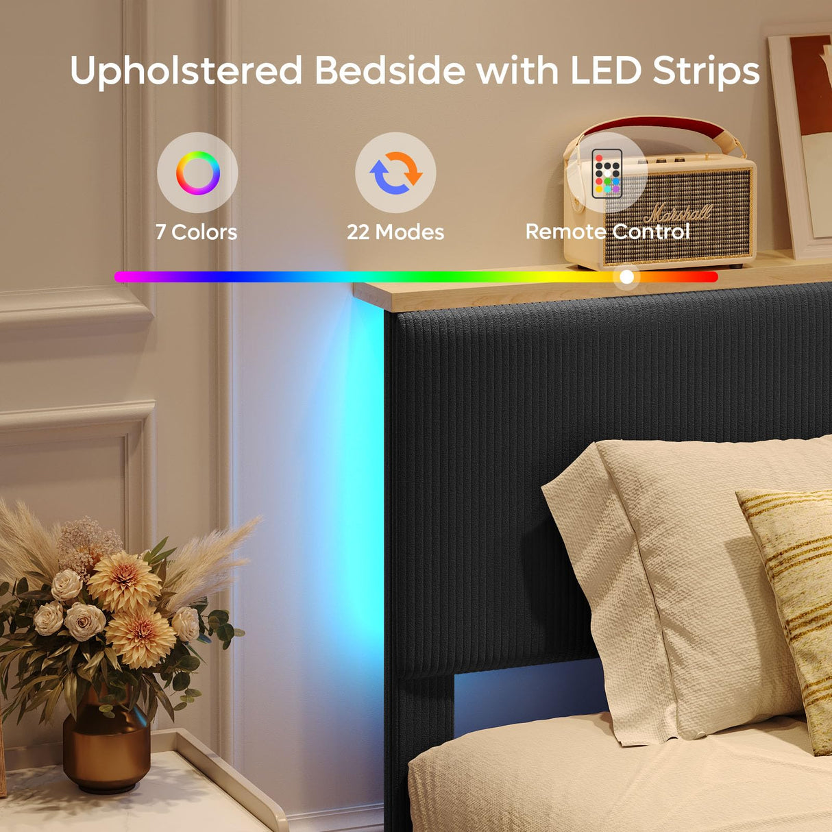 Bestier Queen Bed Frame with Adjustable Headboard & LED Lighting, Corduroy Upholstered Platform Bed Frame with Storage Shelf, Solid Wood Slats, No Box Spring Needed, Never Squeak, Easy Assembly, Black Bestier