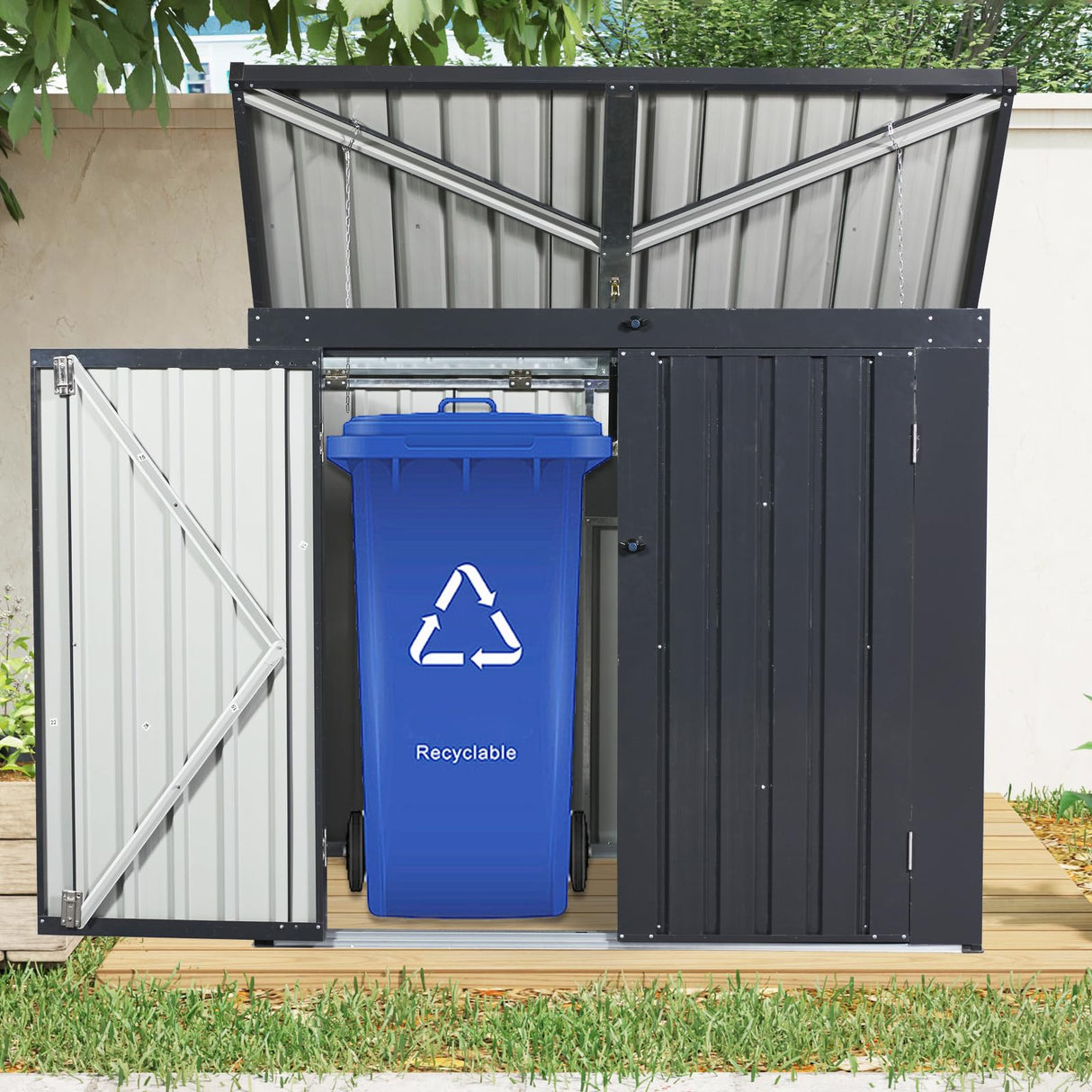 JT Metal Garbage Bin Shed, 65" x 54" x 60" Outdoor Storage Shed with Lockable Door, Waterproof Galvanized Trash Can for Garden Patio, Backyard, Lawn, Black JT