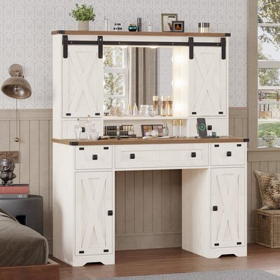 DICTAC Farmhouse Makeup Vanity Desk with Lighted Mirror & Power Strips, Vanity Table with Sliding Barn Door Hidden Shelves & 5 Drawers & 2 Cabinets, White Dressing Table for Bedroom, Lights Adjustable