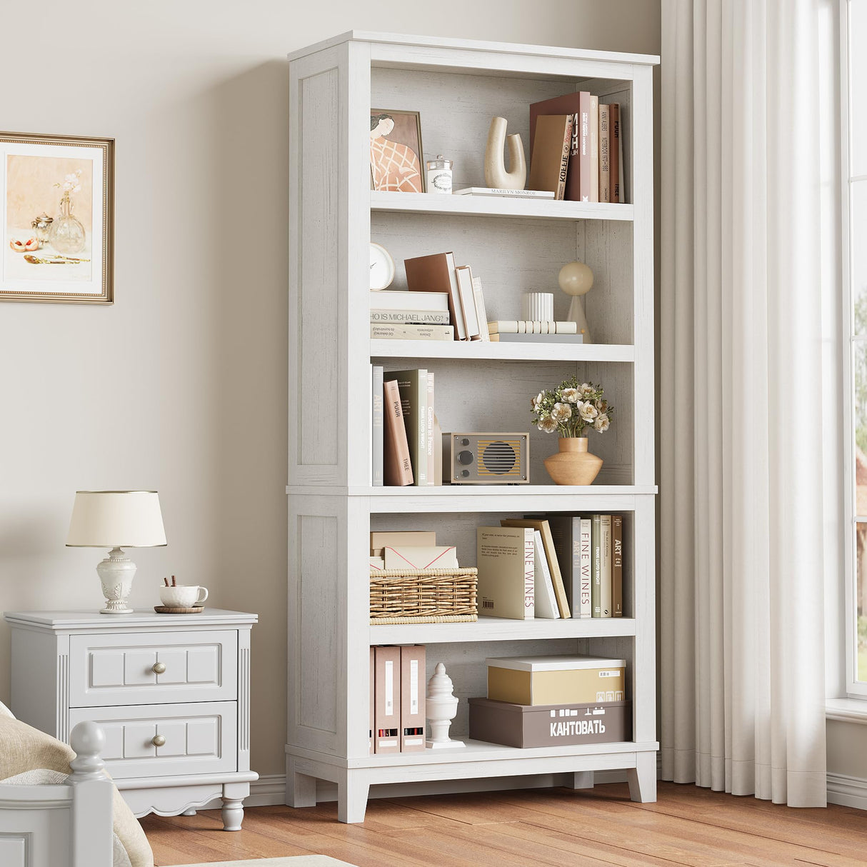 SLEKVERSA 71" Farmhouse Bookcase w/Adjustable Shelves & 31.5" Width, 5 Tier Tall Bookshelf with Wooden Legs, Rustic Vintage Book Shelf for Living Room Office Library (White) SLEKVERSA