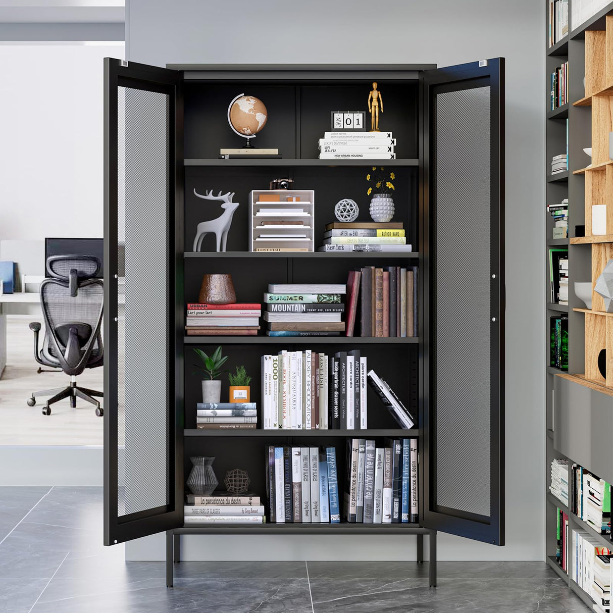 YAUWOH Metal Display Cabinet with Mesh Door,Metal Storage Cabinet with 4 Adjustable Shelves,73" H Kitchen Pantry Storage Cabinet for Collectibles,Home Office,Living Room,Gaming Room(Black) YAUWOH