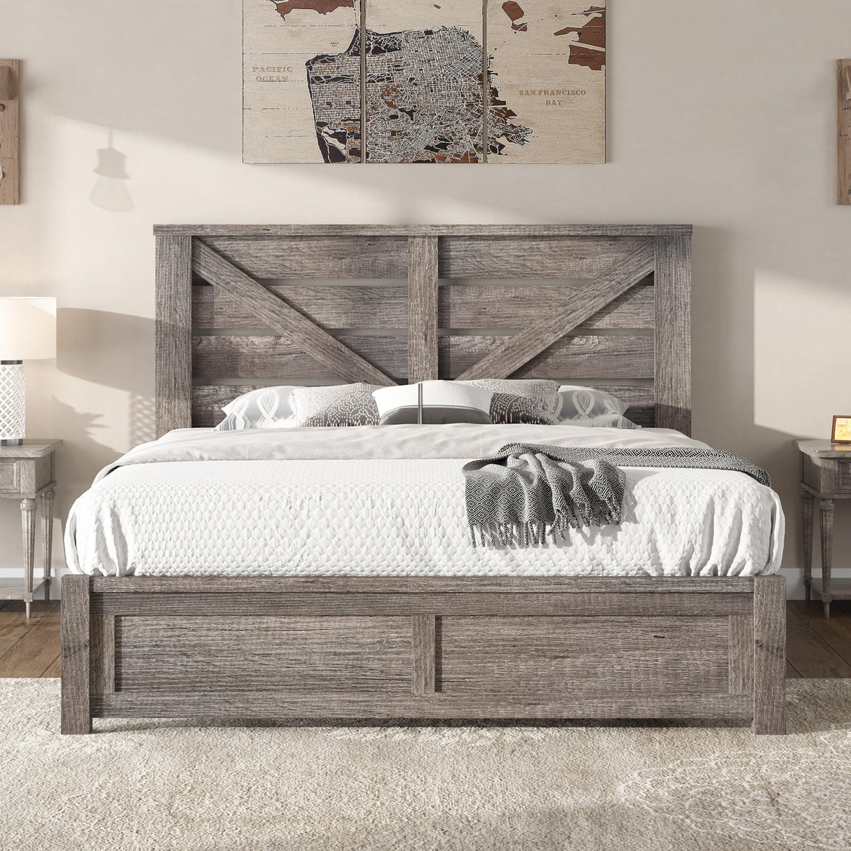 AMERLIFE Queen Size Farmhouse Bed Frame with 49.2" Barn Door Headboard, Platform Bed Frame with Wood Slats, Under Bed Storage Space, Easy Assembly, Noisy Free, Rustic Gray AMERLIFE