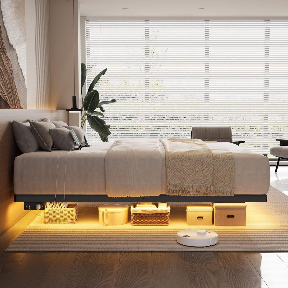 ONBRILL Queen Size Floating Bed Frame with Smart LED Lights and USB Charging Station, Heavy Duty Metal Construction ONBRILL