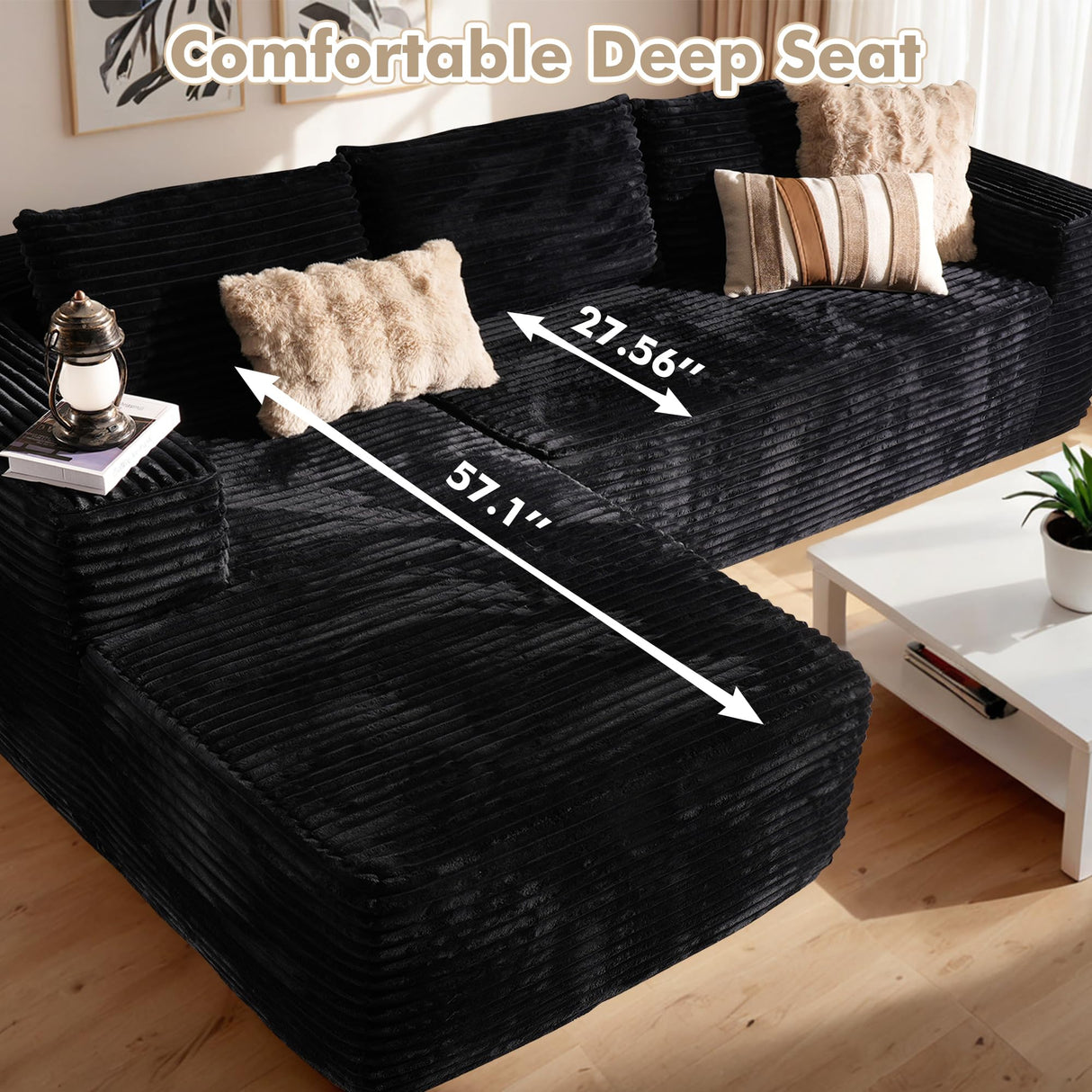 106" Cloud Sectional Couch with Chaise Longue,L Shaped Modular Modern Sofa,Comfy Corduroy Fluffy Couch with Deep Seat,No Assembly Required Couch for Living Room(Left,Plush Corduroy,Black) weaxty W