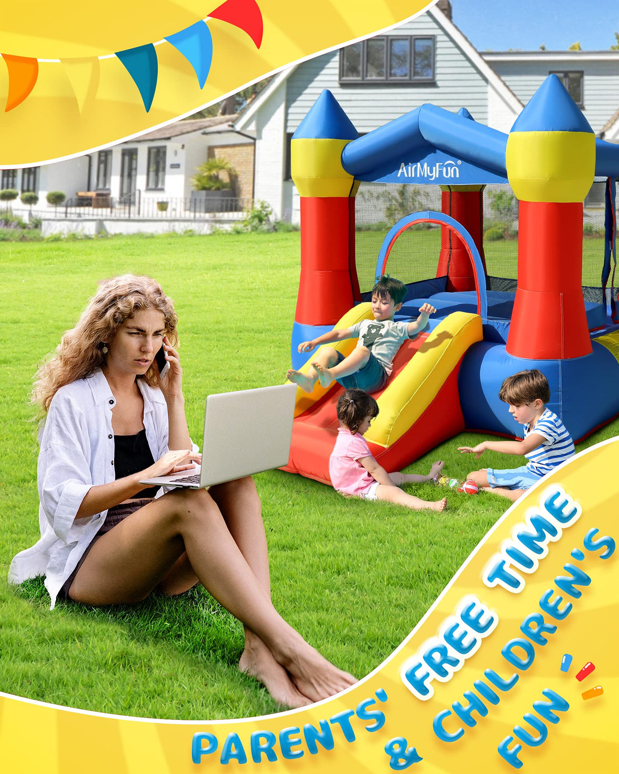 AirMyFun Toddler Bounce House with Blower for Kids 3-8, Inflatable Bouncy Jumping Castle with Slide, Indoor/Outdoor Jump Bouncer House, 82011A AirMyFun