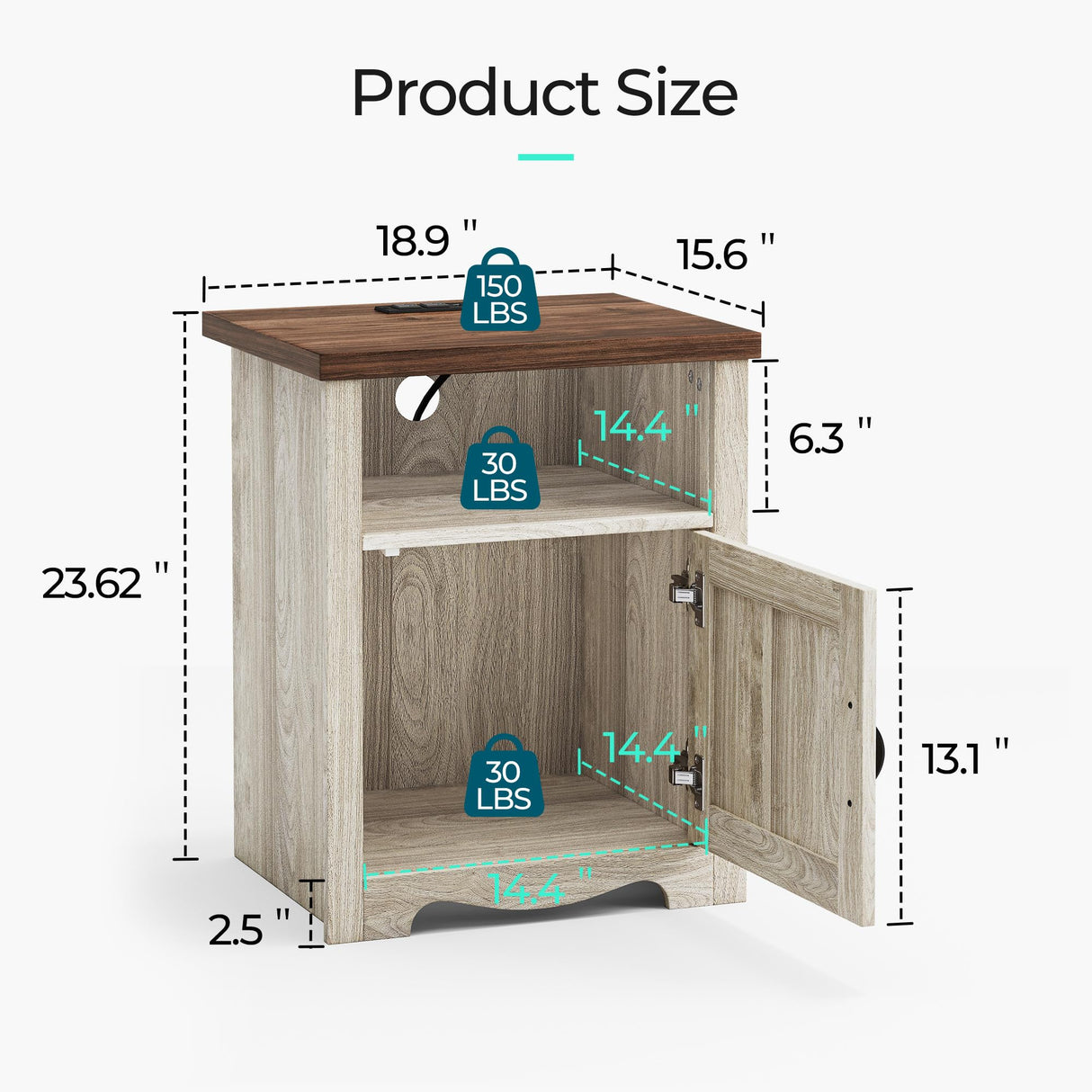 LINSY Farmhouse Night Stand Set of 2, 18.9” Wood End Table with Charging Station, Side Table for Bedroom, Living Room, Couch with USB Ports and Outlets, Nightstand with Storage, Beige LINSY