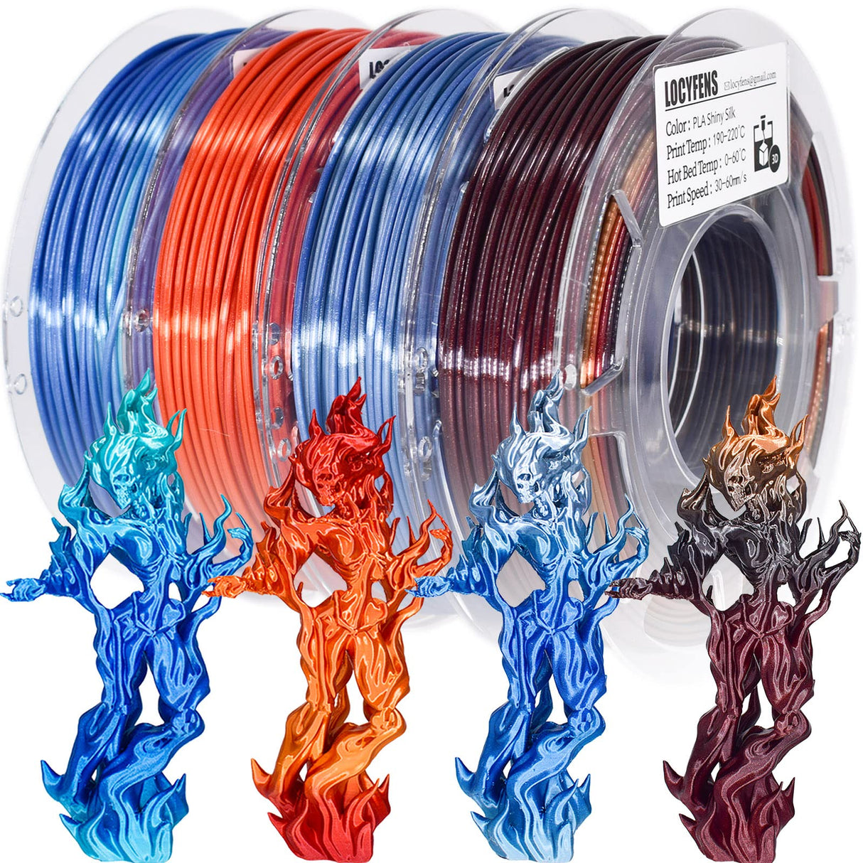 3D Printer Filament Bundle, PLA Filament Silk Shiny PLA Filament 1.75mm +/- 0.02mm, 3D Printing Filament 200g x 4 Spools LOCYFENS