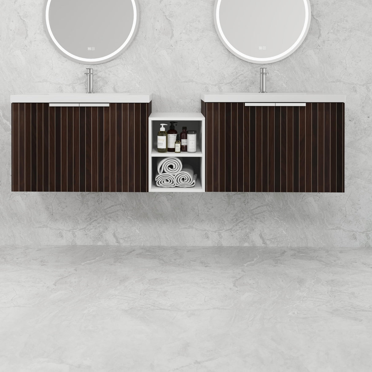 Lunanniu 71" Floating Bathroom Vanity with Double Sink Top Combo Set Ceramic Dual Basin Plywood Construction Soft Close Door Open Shelf Storage Cabinet Wall Mount Silver-Brown Stripe Lunanniu