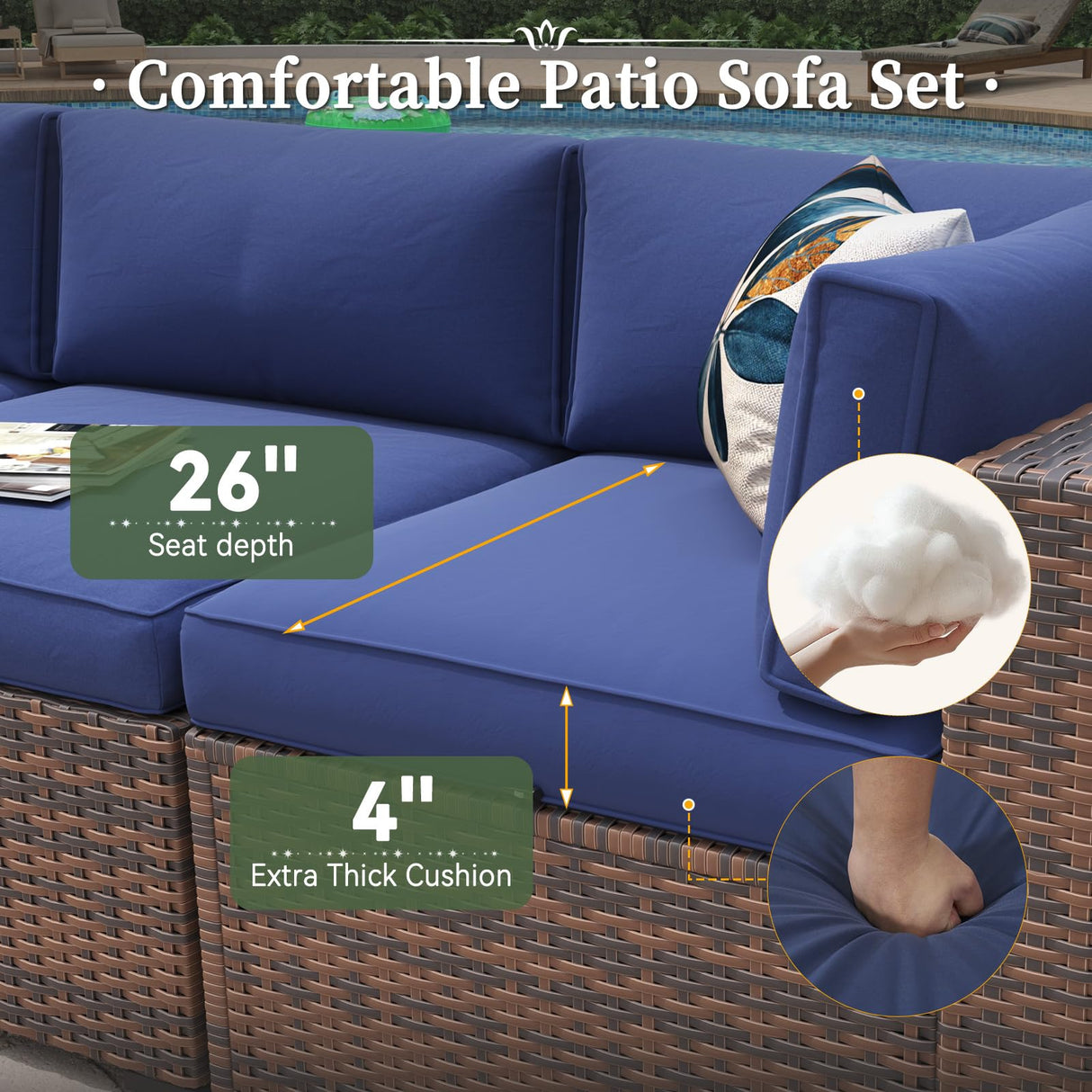 Aoxun 6 Piece Patio Furniture Set with Wide Armrests Wicker Rattan Outdoor Sectional Sofa Set with Coffee Table and Thickened Cushions, Brown/Blue(Waterproof Cover Included) Aoxun