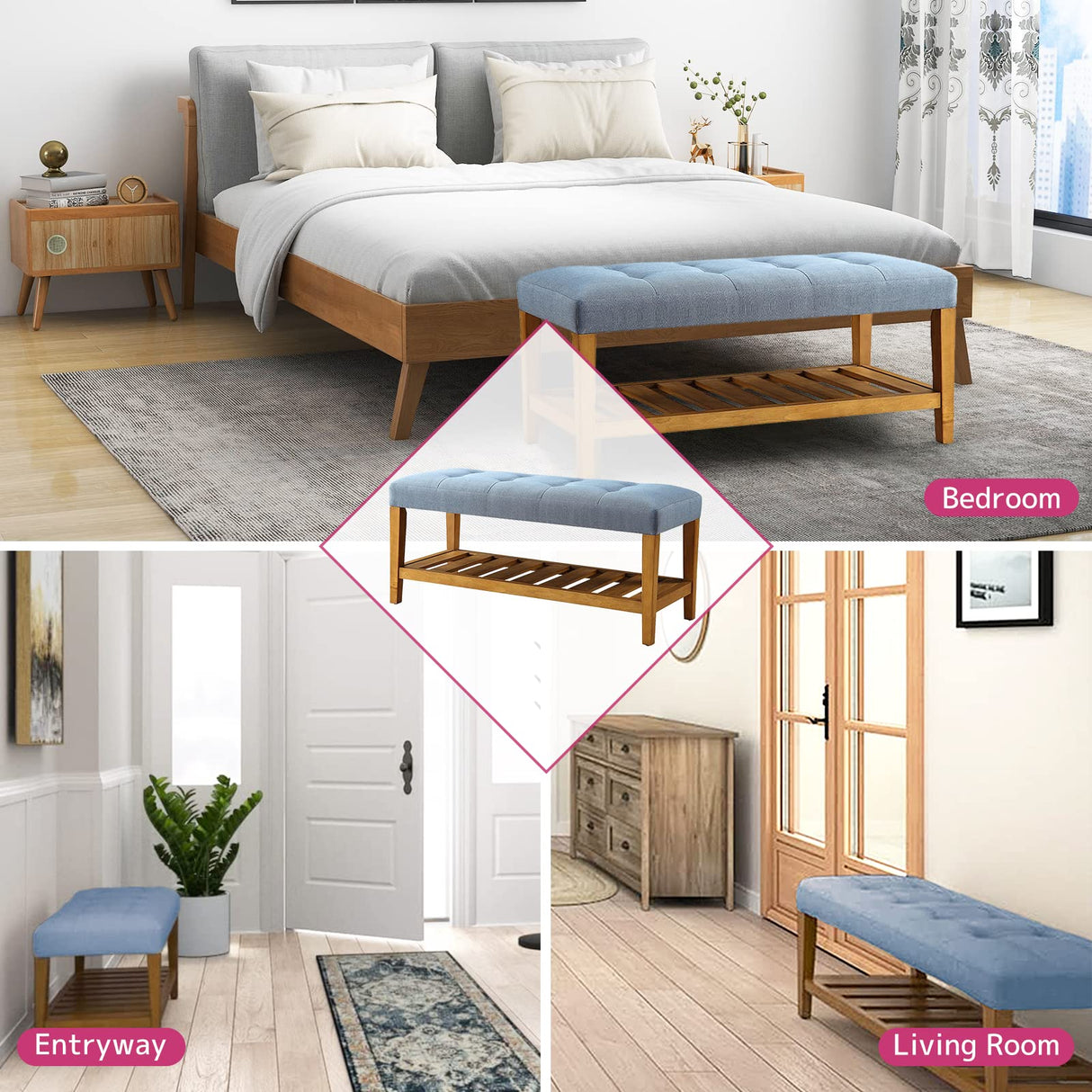 Acme Charla Wood and Fabric Bench in Blue and Oak Acme