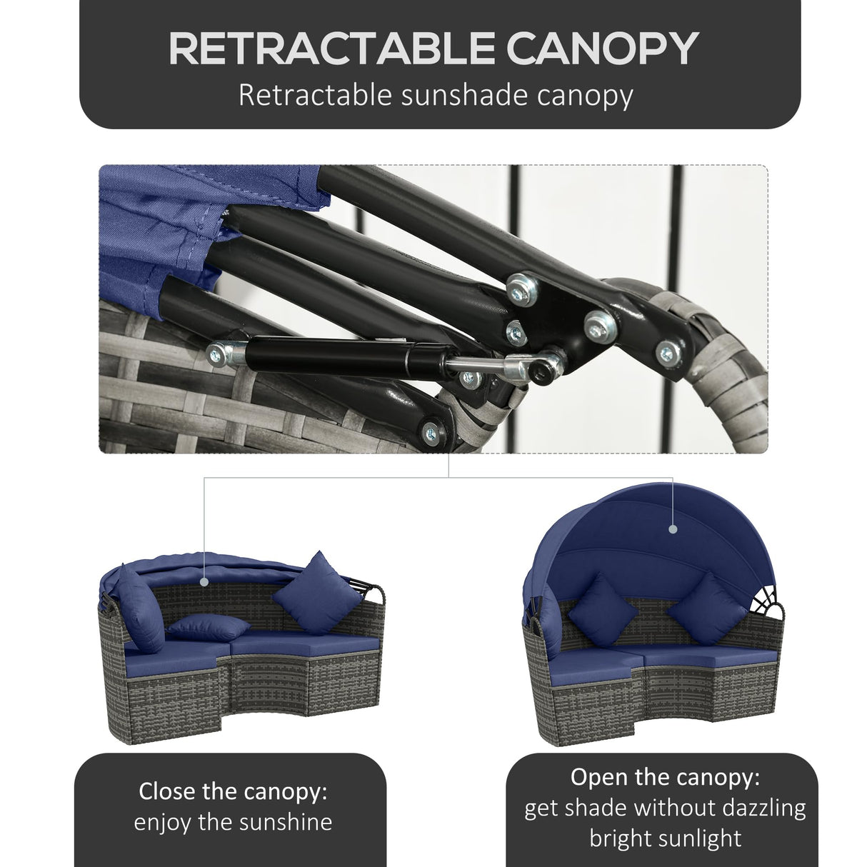 Outsunny 4 Piece Round Rattan Daybed, Convertible Patio Furniture Set, Adjustable Sun Canopy, Sectional Outdoor Sofa, 2 Chairs, Extending Tea Table Ottoman Chair, 3 Pillows, Dark Blue Outsunny