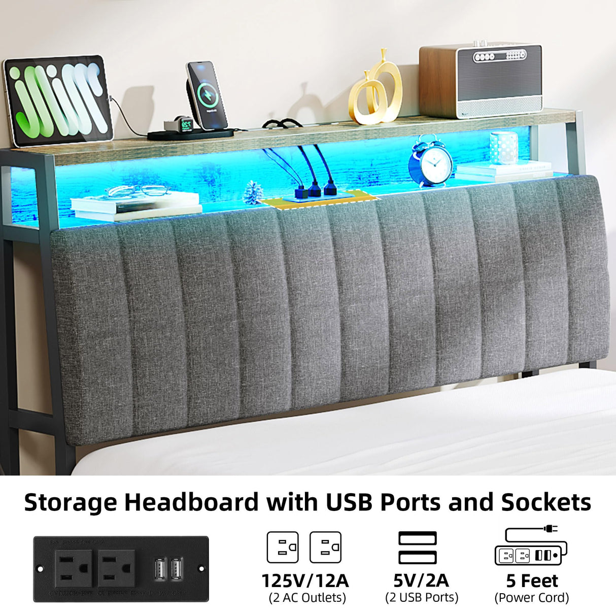 DWVO King Size Bed Frame with Charging Station, 2-Tier Storage Headboard with RGB LED Lights, Linen Upholstered Platform Bed Strong Wooden Slats, No Box Spring Needed Noise Free, Rustic Brown DWVO