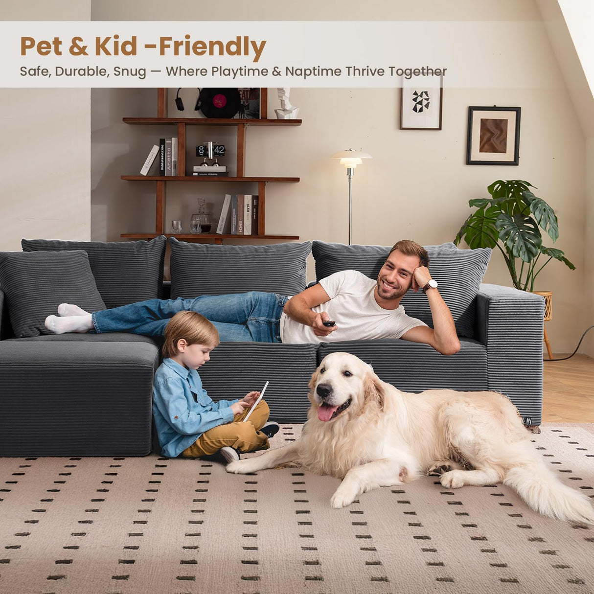 Modular Sectional Sofa, 108" L-Shaped Boneless Couch with Deep Seat, Corduroy Cloud Couch for Living Room, Bedroom, No Assembly Required, Ship in a Box, Grey RUMBALUXY