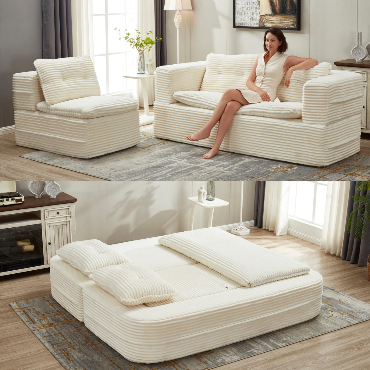 Tabaray 80'' Futon Sofa Bed, King Size Foldable Sleeper Sofa, Corduroy Boneless Loveseat Couch with Chaise Lounge, 3 Pillows, Blanket, Upholstered Sectional Couches for Living Room, Bedroom, Beige Tabaray