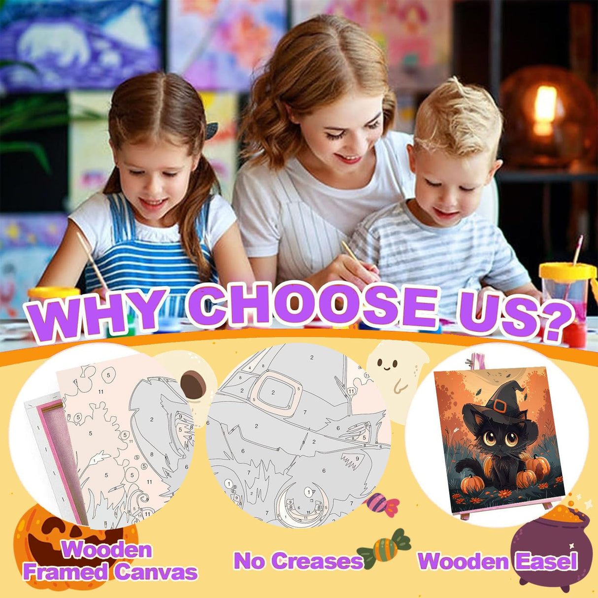 cviokrdu 4 Pack Paint by Numbers Kit for Kids with Frame-Wooden Easel, Halloween Paint by Numbers for Kids Ages 4 8 12, Easy Black Cat Acrylic Oil Painting Kits for Home Wall Decoration 8x8 inch cviokrdu