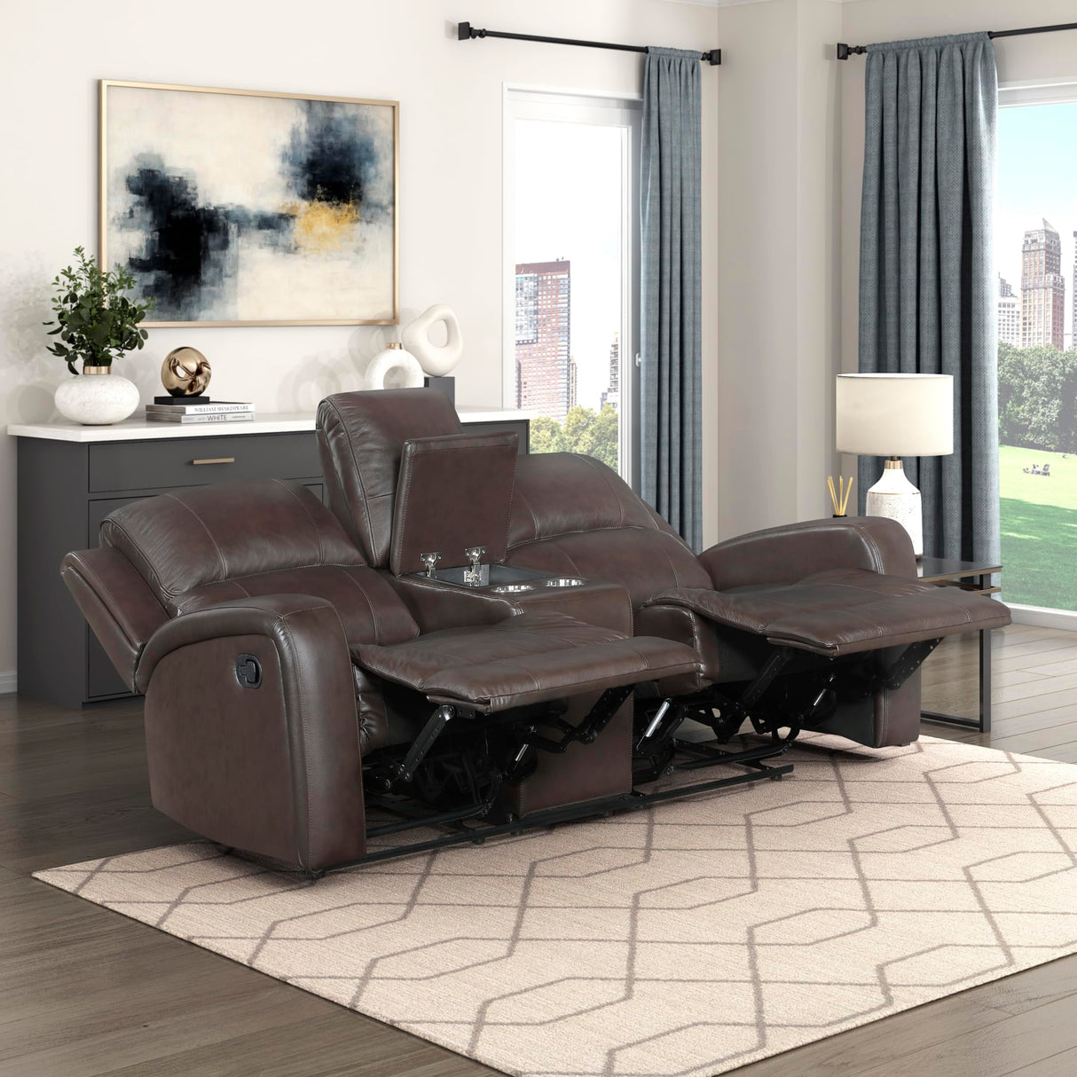 Lexicon Manual Double Reclining Loveseat with Center Console, Top Grain Leather Match Wall Hugger Recliner Loveseat, Storage, Cup Holders, High Density Foam Over Pocket Coils, for Living Room, Brown Lexicon