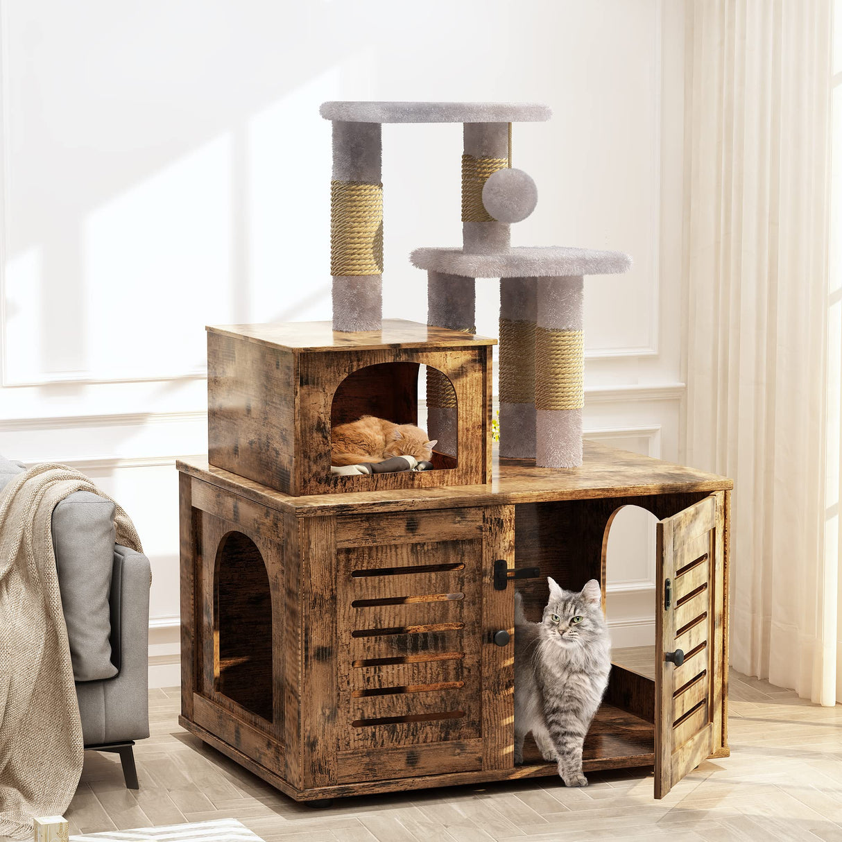 Recaceik Cat Litter Box Enclosure with Cat Tree, Hidden Cat Washroom Furniture with Divider, Wooden Cat House with Platform, Scratching Post and Soft Plush Perch, Indoor Pet Cabinet,Rustic Brown Recaceik