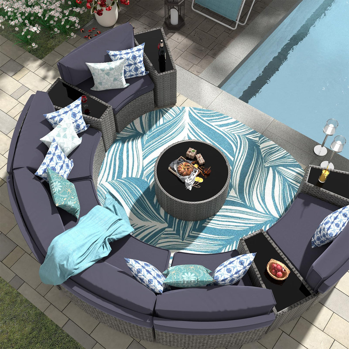 UDPATIO Patio Furniture Set Integrated Outdoor Sectional 11 Pieces Grey Rattan Modular Curved Sofa Set with Wicker Round Coffee Table,Side Table,6Pillows,Fit for Backyard,Pool,Balcony,Sunroom(Blue) UDPATIO