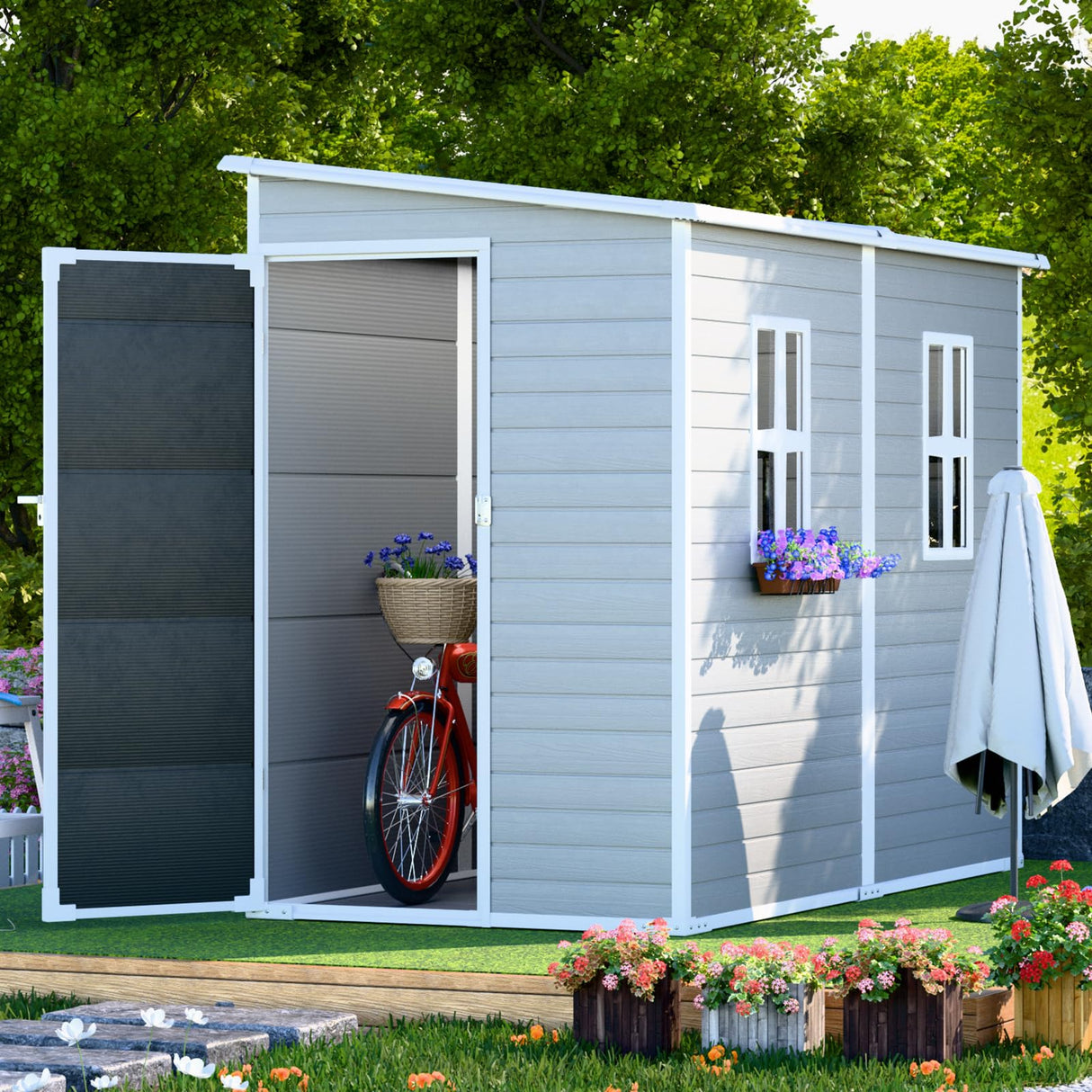 WACASA Outdoor Storage Sheds with Floor, 8X4FT Waterproof Resin Sheds with Lockable Door, Window & Vents, Plastic Storage Shed for Patio, Garden, Yard, Tools WACASA