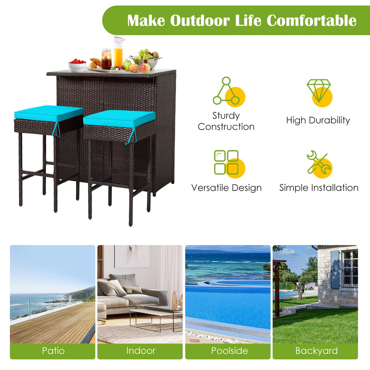RELAX4FLIE 3-Piece Outdoor Bar Set, Patio Wicker Bar Table and Chairs Set w/Cushioned Stools 2 Open Shelves & Glass Table Top, Rattan Bar Table Set for Poolside, Garden and Backyard (Turquoise) RELAX4LIFE